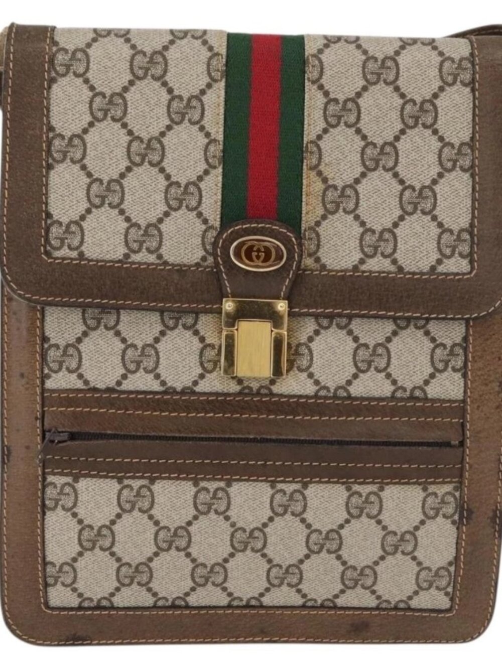 GUCCI GG Supreme Web Sherry Line Shoulder Bag PVC Beige Gold Red Auth ka4225 - Picture 12 of 13